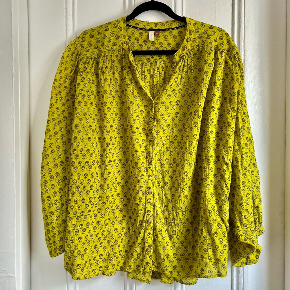 Pilcro for Anthropologie pretty Floral print chartreuse peasant top, XL